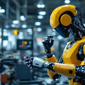 A photograph of a modern industrial robot in action on a factory floor