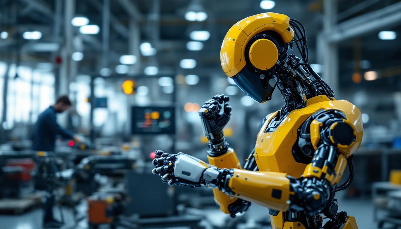 A photograph of a modern industrial robot in action on a factory floor