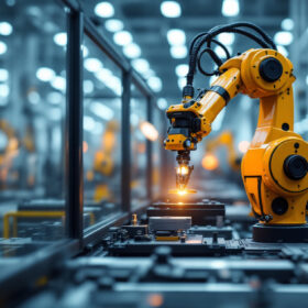 A photograph of capture a photograph of a mir 250 industrial robot in action within a modern manufacturing environment
