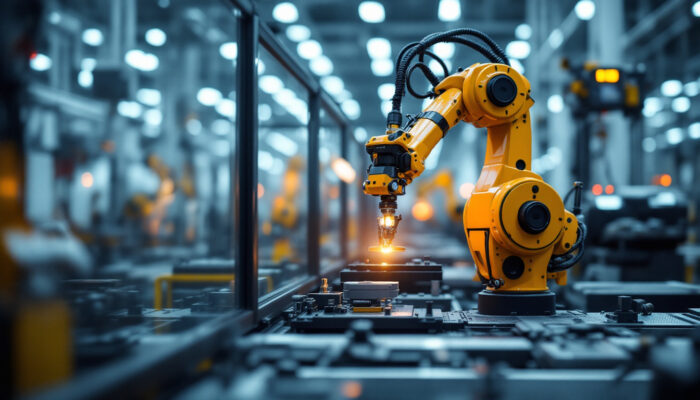 A photograph of capture a photograph of a mir 250 industrial robot in action within a modern manufacturing environment