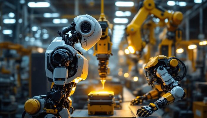 A photograph of a modern industrial robot in action on a factory floor
