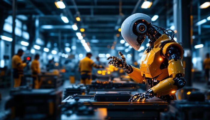 A photograph of a sleek industrial robot in action within a modern manufacturing facility