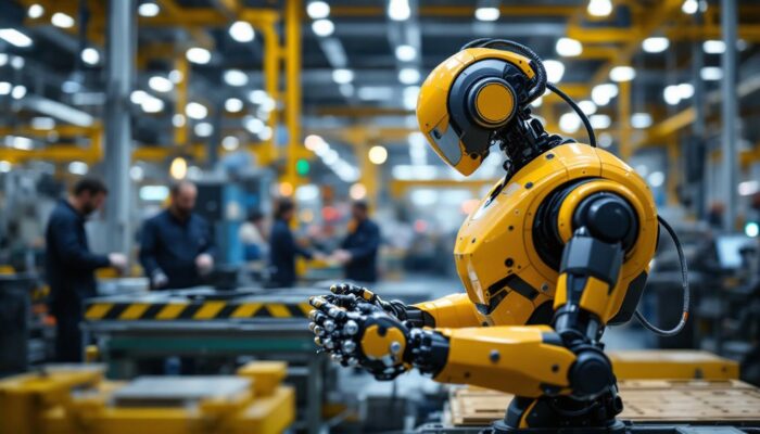 A photograph of a modern industrial robot in action on a factory floor