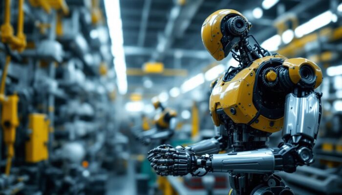 A photograph of a vintage industrial robot in action