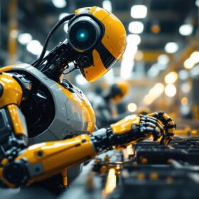 A photograph of a modern industrial robot in action within a manufacturing environment