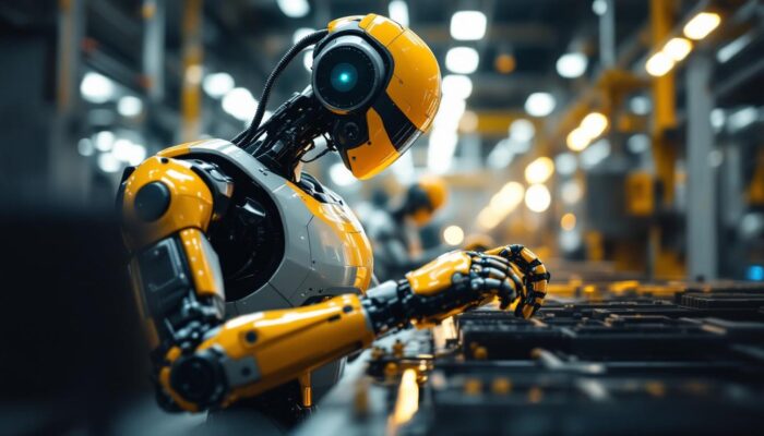 A photograph of a modern industrial robot in action within a manufacturing environment