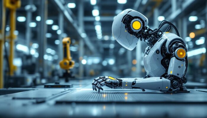 A photograph of a sleek industrial robot in action on a factory floor