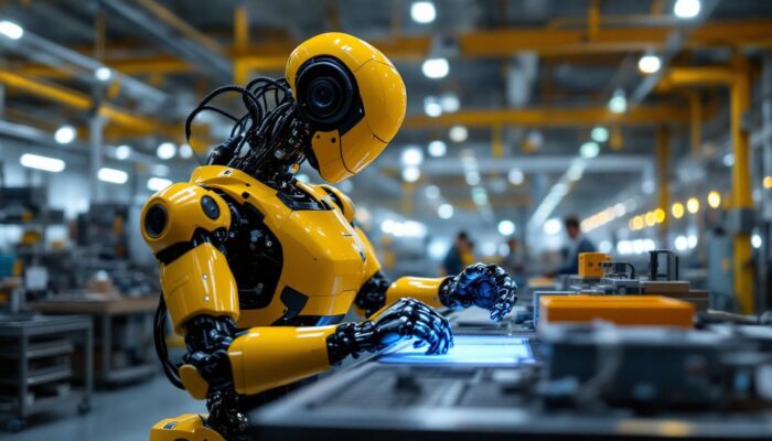 A photograph of a modern industrial robot in action on a factory floor