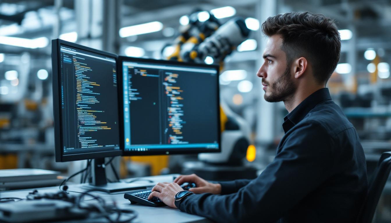 A photograph of a skilled technician programming an industrial robot in a modern manufacturing environment