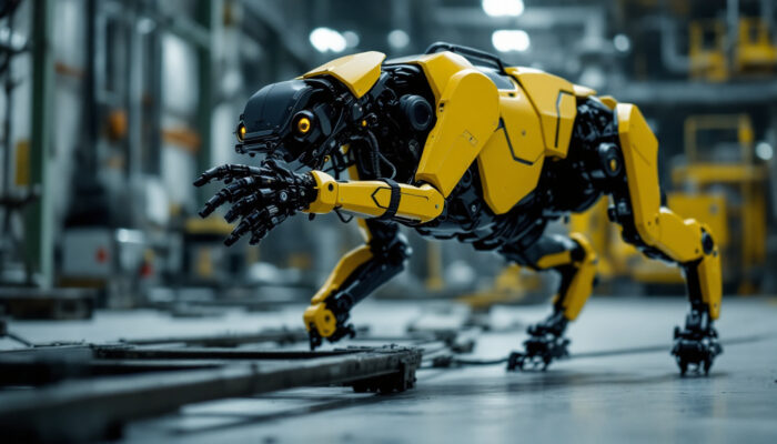 A photograph of a boston dynamics robot dog in action within an industrial setting
