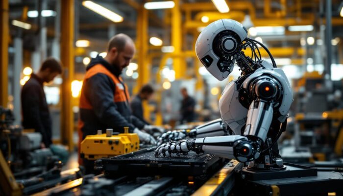 A photograph of a modern industrial robot in action on a factory floor