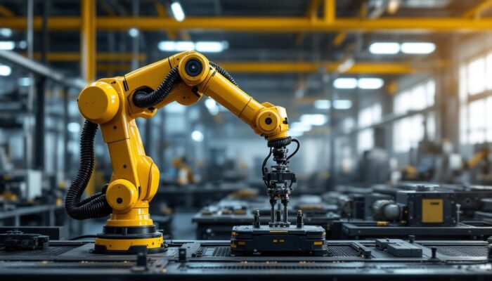 A photograph of a mobile robotic arm in action within an industrial setting