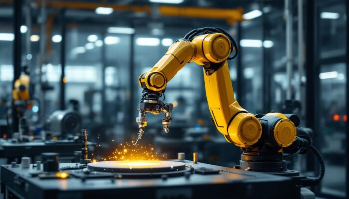 A photograph of a sleek industrial robotic arm in action within a modern manufacturing environment