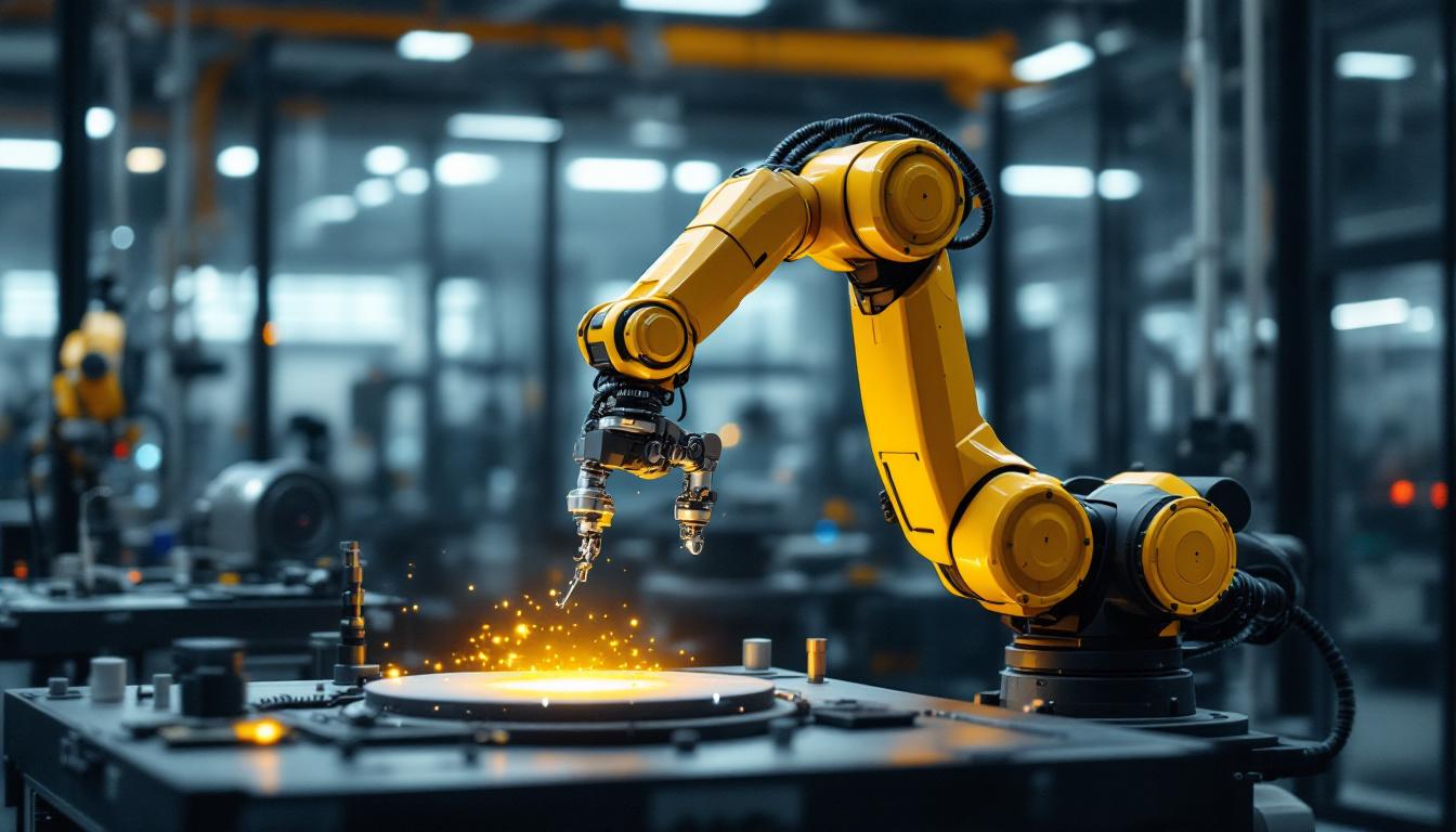 A photograph of a sleek industrial robotic arm in action within a modern manufacturing environment