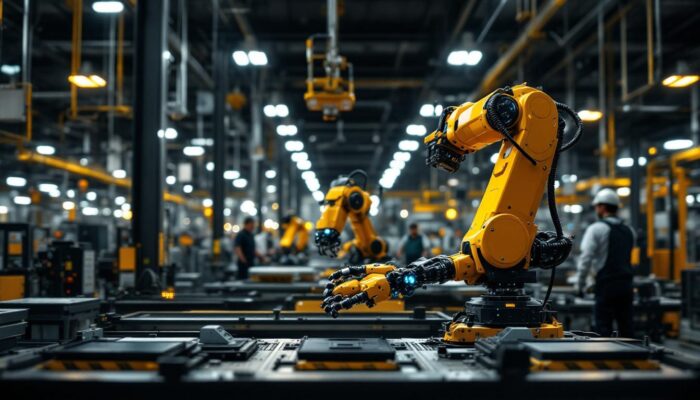 A photograph of a modern industrial robot in action on a factory floor