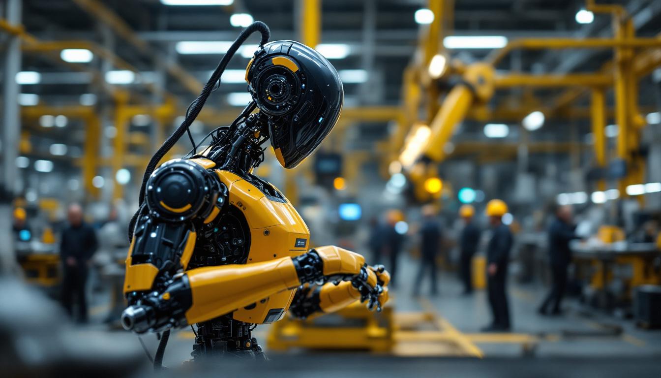 A photograph of a sleek industrial robot in action within a manufacturing setting