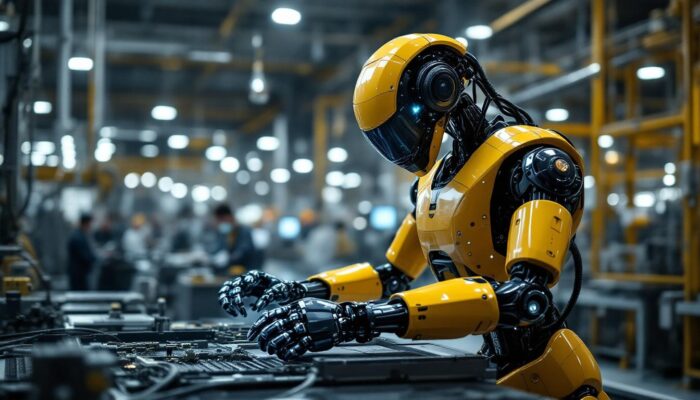 A photograph of a modern industrial robot in action on a factory floor