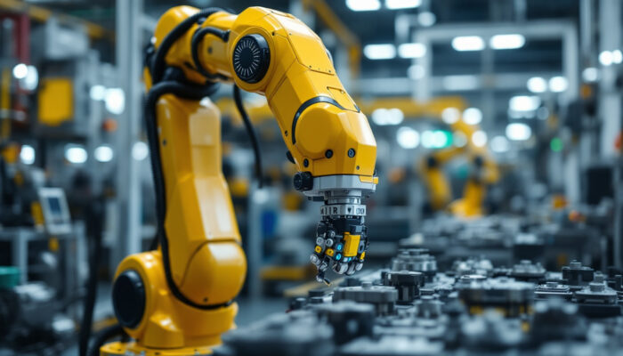 A photograph of a mir250 industrial robot in action within a manufacturing environment