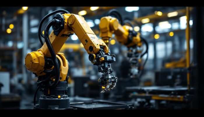 A photograph of a versatile used industrial robot arm in action