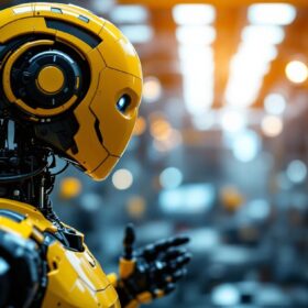 A photograph of a sleek industrial robot in action