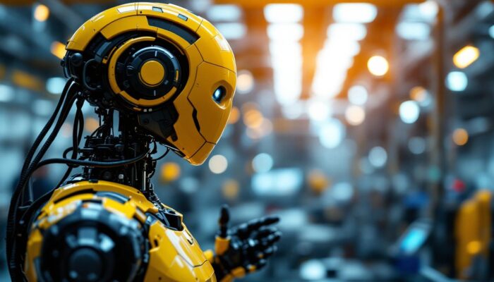 A photograph of a sleek industrial robot in action