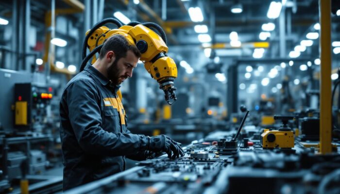 A photograph of a skilled technician programming an industrial robot in a high-tech manufacturing environment