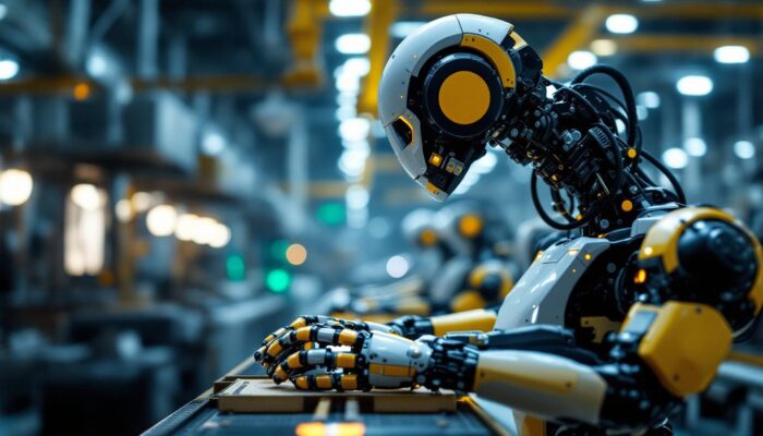 A photograph of a modern industrial robot in action within a manufacturing environment