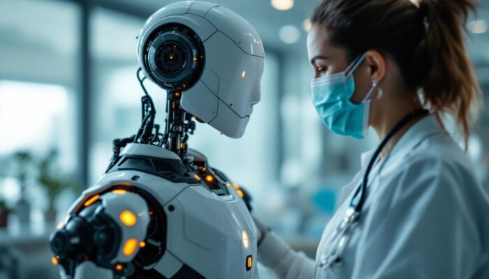 A photograph of a healthcare robot in action