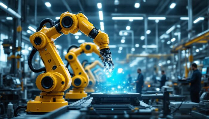 A photograph of a modern industrial setting featuring advanced robotic arms in action