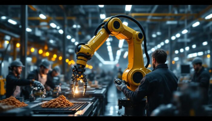 A photograph of a sleek industrial robotic arm in action