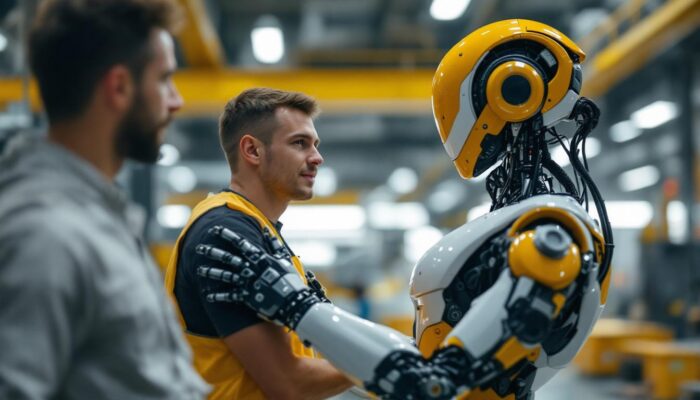 A photograph of a sleek humanoid robot interacting with a human in an industrial setting