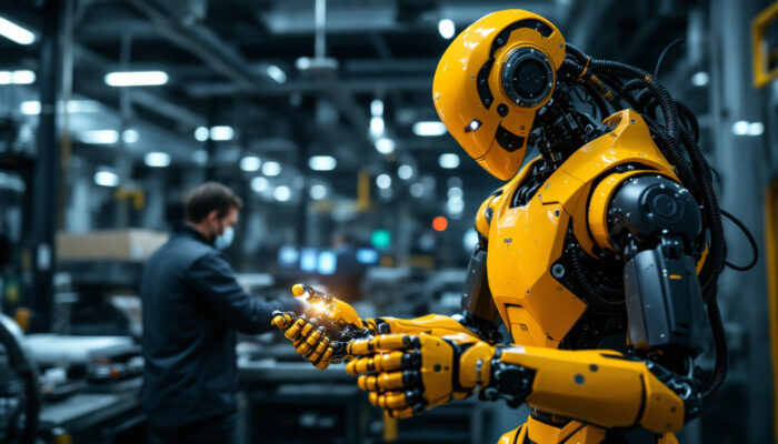 A photograph of a modern industrial robot in action within a manufacturing setting