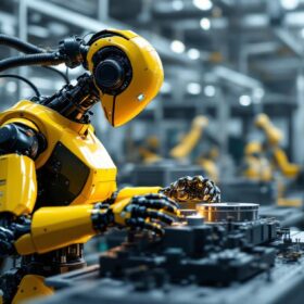 A photograph of a modern industrial robot in action within a manufacturing environment