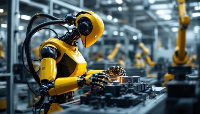 A photograph of a modern industrial robot in action within a manufacturing environment