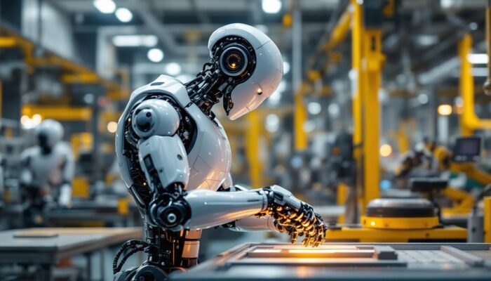 A photograph of a sleek industrial robot in action on a factory floor