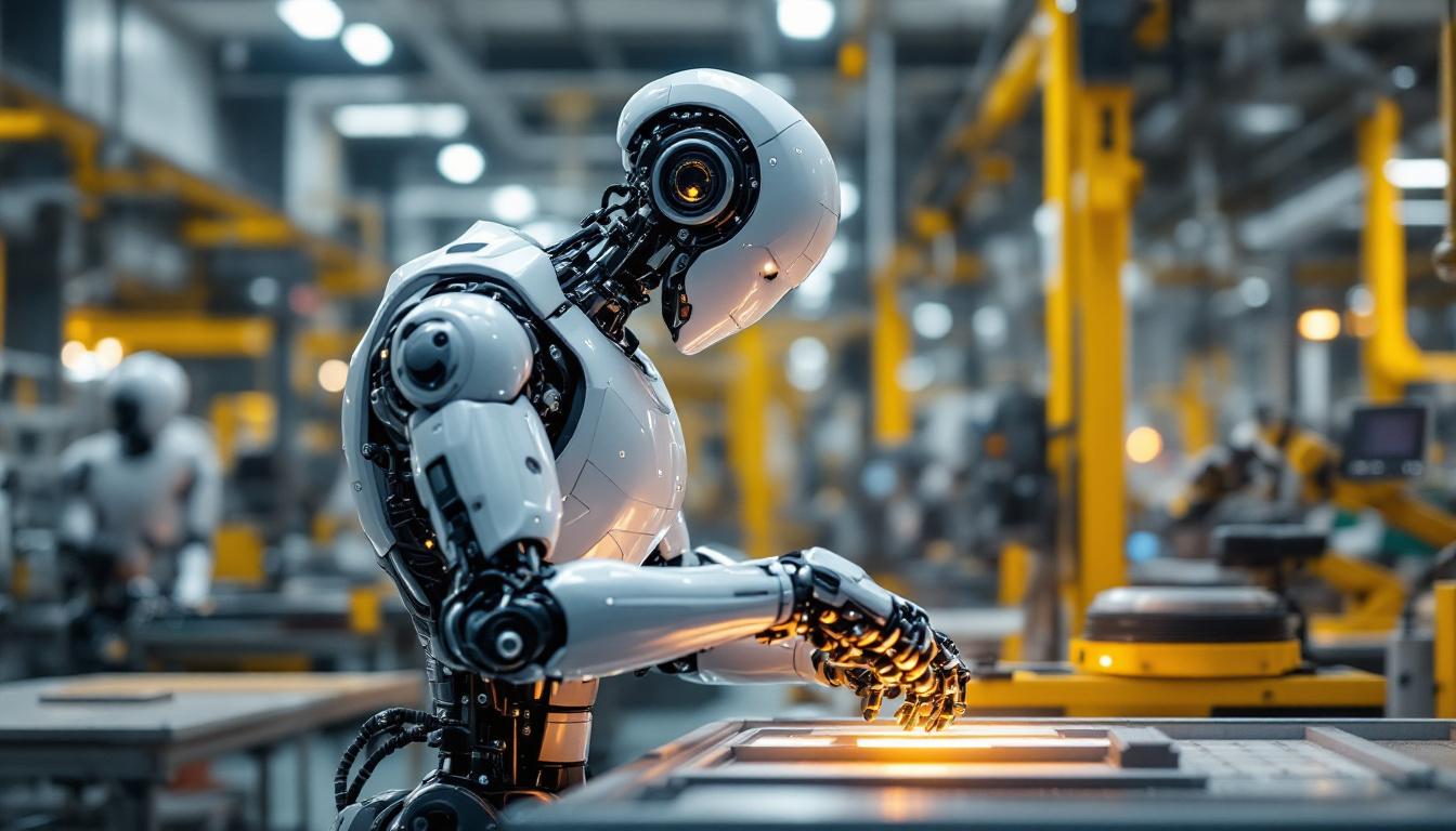 A photograph of a sleek industrial robot in action on a factory floor