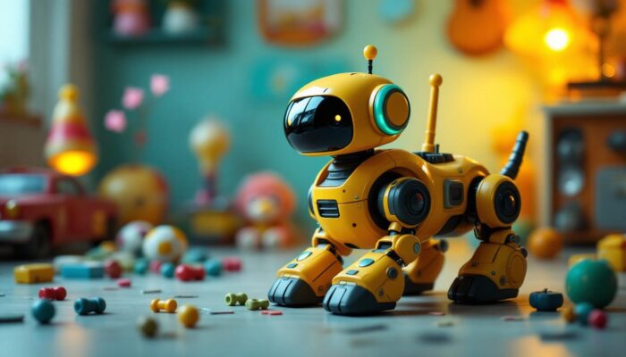 A photograph of a vintage 90s toy robot dog in a playful setting