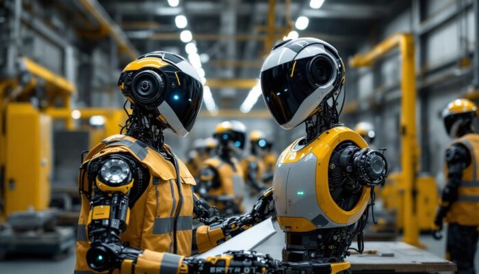 A photograph of a tesla bot prototype in an industrial setting