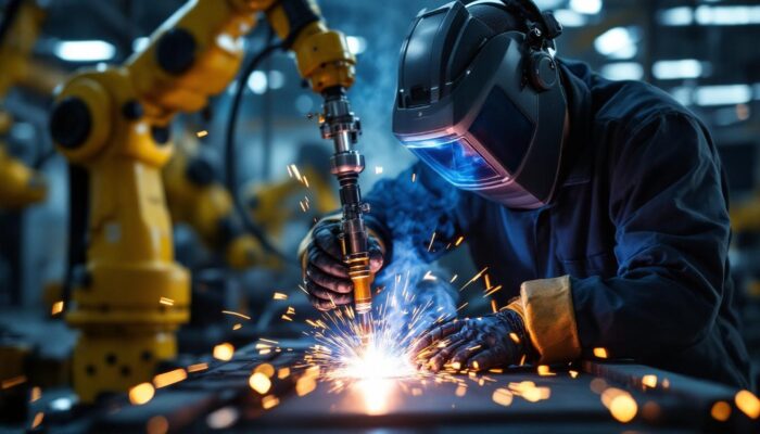 A photograph of a skilled technician operating an e beam welder in a modern industrial setting