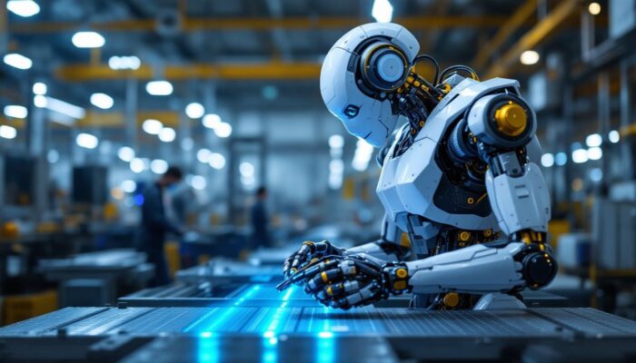 A photograph of a sleek industrial robot in action on a factory floor