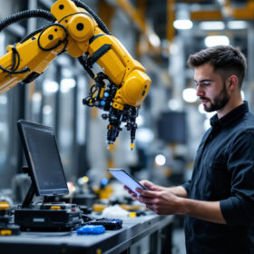 A photograph of a skilled technician programming or operating a mir industrial robot in a modern manufacturing environment