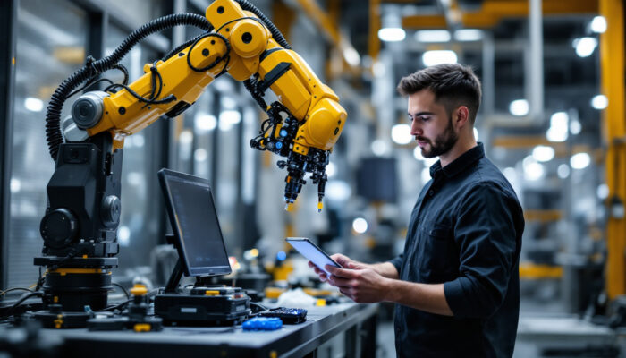 A photograph of a skilled technician programming or operating a mir industrial robot in a modern manufacturing environment