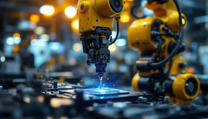 A photograph of a sleek industrial robotic arm engaged in the precise process of nanofabrication