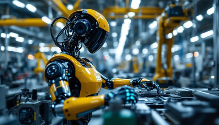 A photograph of a sleek abb industrial robot in action within a manufacturing environment