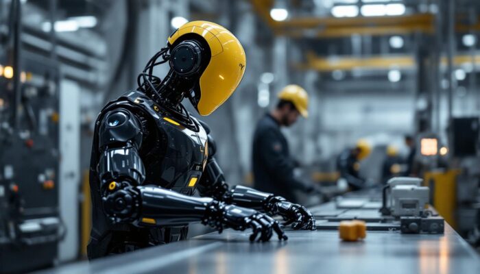 A photograph of a tesla ai robot in an industrial setting