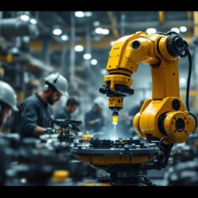 A photograph of a schilling robotics industrial robot in action