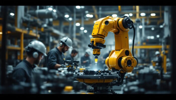 A photograph of a schilling robotics industrial robot in action