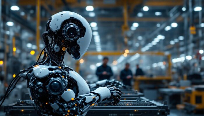 A photograph of a sleek industrial robot in action on a factory floor