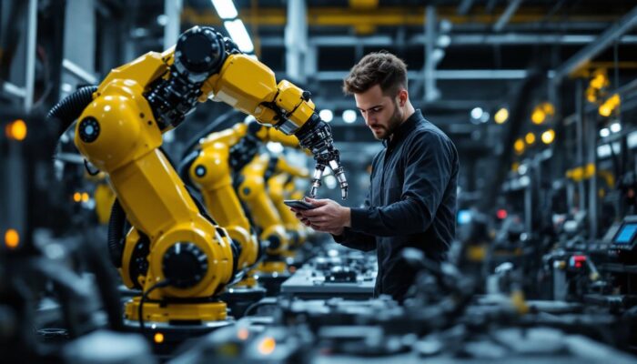 A photograph of a skilled technician assembling a robotic arm in a modern industrial setting