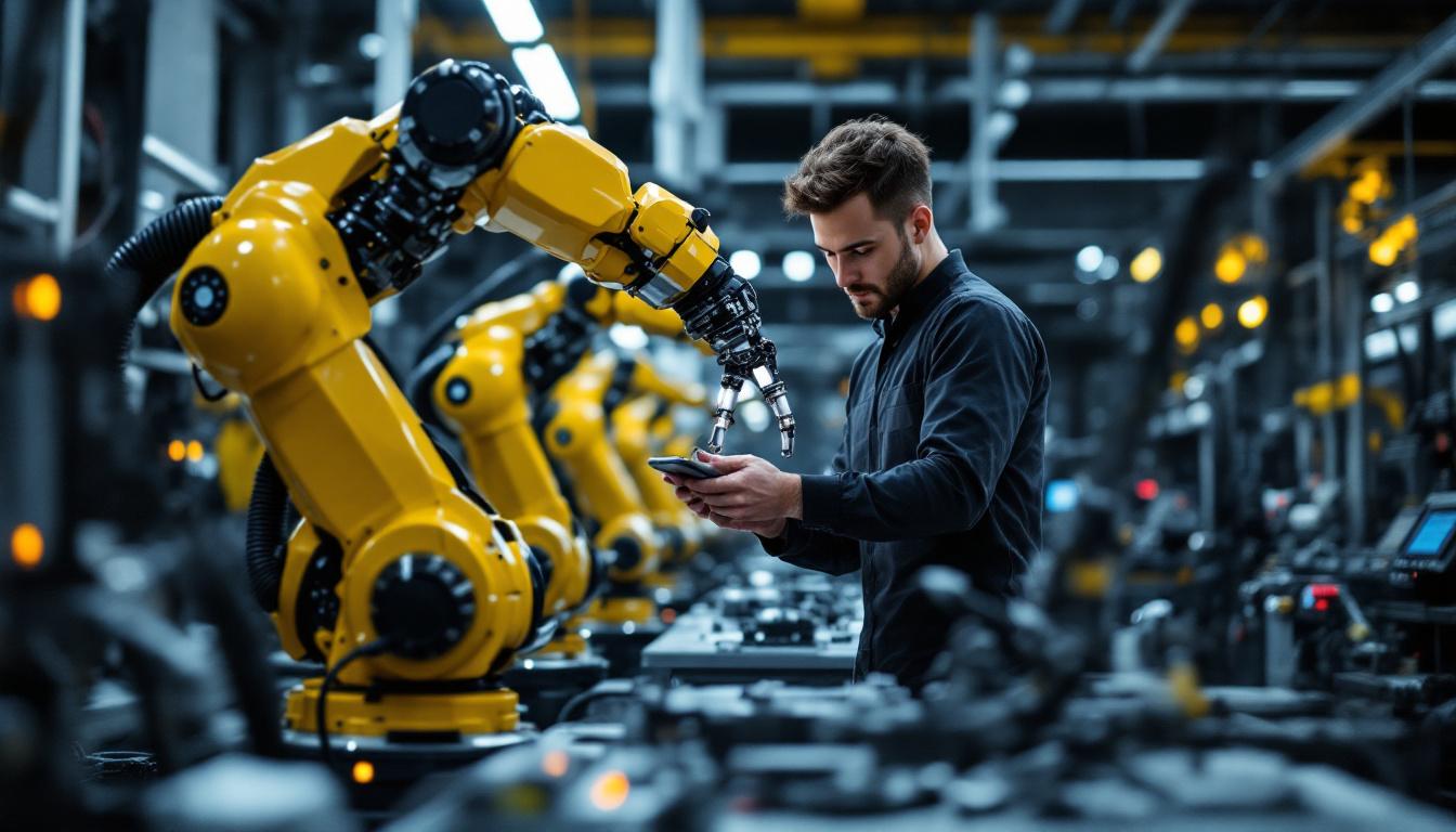 A photograph of a skilled technician assembling a robotic arm in a modern industrial setting